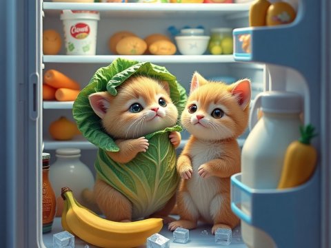 Adorable Kittens Inside a Refrigerator with Leafy Costume