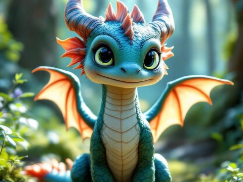 Adorable Little Dragon in Enchanted Forest
