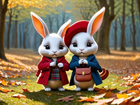 Adorable Pair of Dressed-Up Rabbits in Autumn Forest