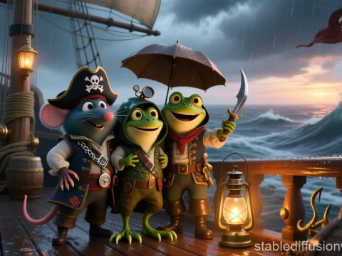 Adorable Pirate Crew of a Mouse and Frogs on a Stormy Ship
