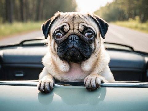 Adorable Pug Riding in Convertible on a Sunny Day