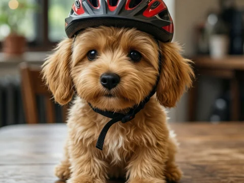 Adorable Puppy Wearing a Bicycle Helmet Indoors