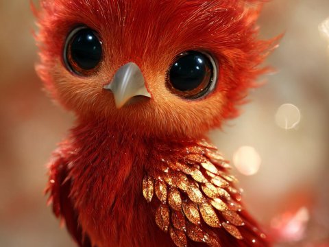 Adorable Red Golden Baby Bird with Shimmering Feathers