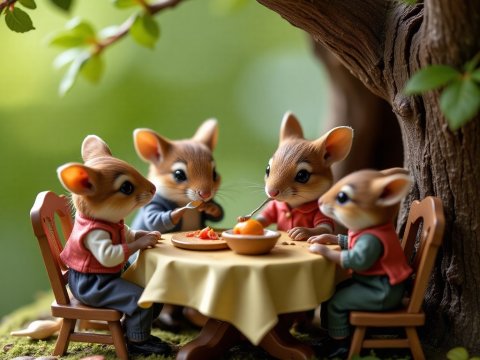 Adorable Tiny Mice Family Sharing a Meal Under a Tree
