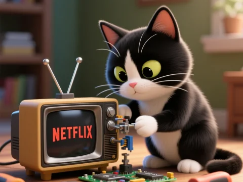Adorable Tuxedo Cat Fixing Vintage TV with Netflix Display