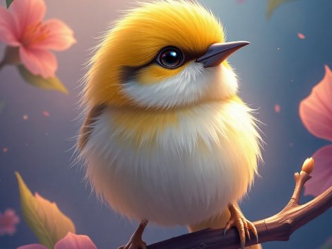 Adorable Yellow Bird Perched Among Pink Blossoms