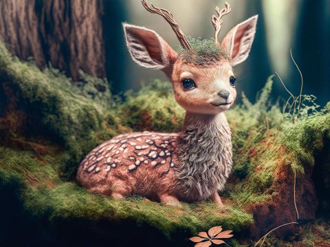 Adorable Young Deer with Mossy Antlers in Enchanted Forest