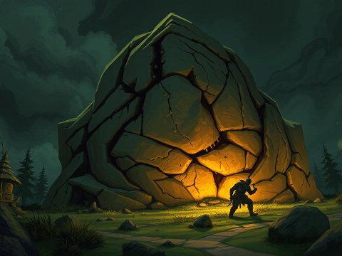 Adventurer Approaches Glowing Boulder Golem in Dark Forest