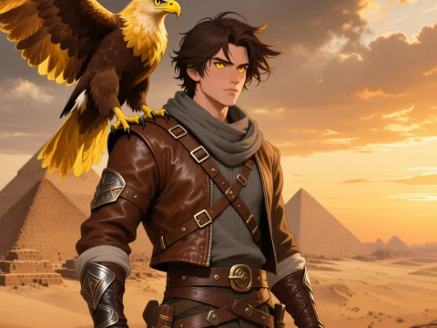 Adventurer with Golden Eagle in Desert Pyramids