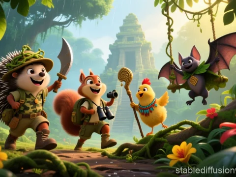 Adventurous Animal Friends Exploring Ancient Jungle Temple