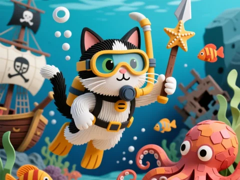Adventurous Cat Diver Exploring Underwater with Octopus