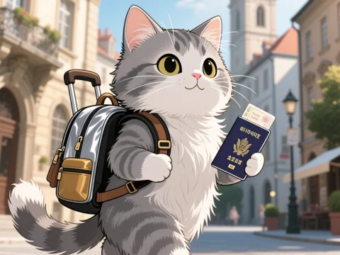 Adventurous Cat with Backpack and Passport in Charming City