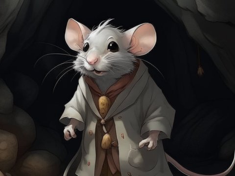 Adventurous Mouse in Cloak Standing in Cave