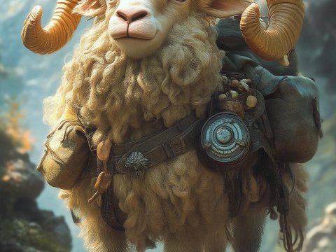 Adventurous Ram with Travel Gear in Mystical Forest