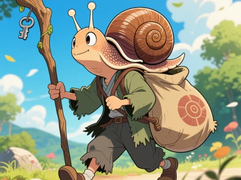 Adventurous Snail Hobo Walking with Key Staff