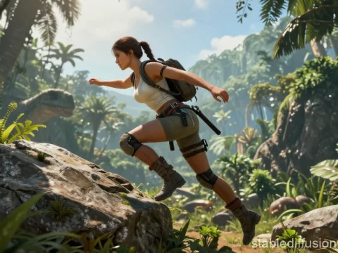Adventurous Woman Escaping Dinosaur in Lush Jungle