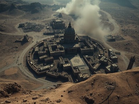 Aerial View of a Ruined Circular City in a Desert