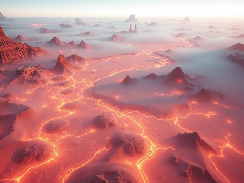 Aerial View of a Volcanic Lava Landscape with Mist