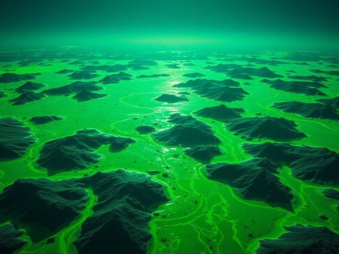 Aerial View of Alien Green Landscape with Mountains