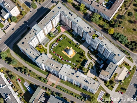 Aerial View of Apartment Building with Central Courtyard
