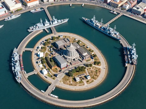 Aerial View of Circular Military Port with Warships
