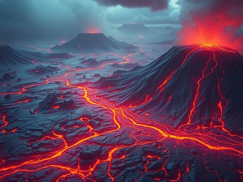 Aerial View of Erupting Volcanoes with Flowing Lava