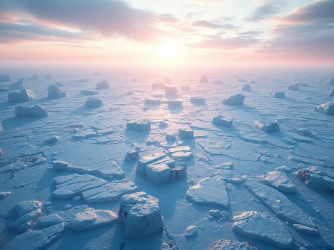 Aerial View of Frozen Ice Blocks at Sunrise