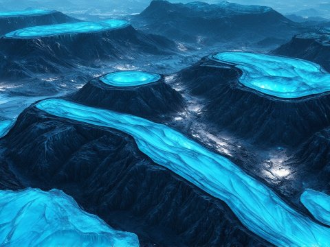 Aerial View of Futuristic Blue Glowing Plateaus