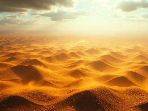 Aerial View of Golden Desert Dunes Under Cloudy Sky