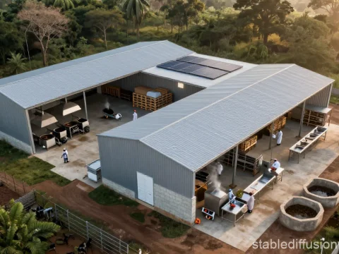 Aerial View of Modern Agricultural Facility with Solar Panels