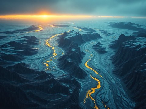 Aerial View of Mountainous Landscape with Golden Rivers at Sunset