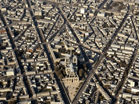 Aerial View of Notre-Dame Cathedral and Surrounding Paris Streets