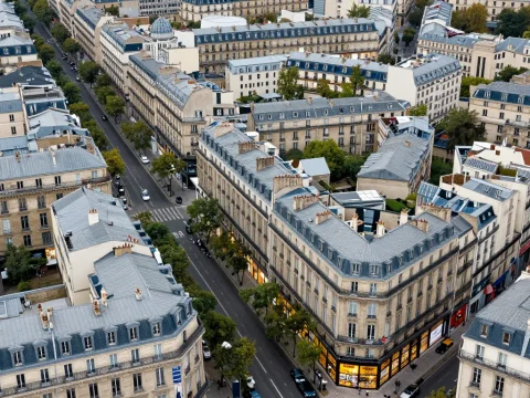 Aerial View of Parisian Boulevard with Classic Architecture