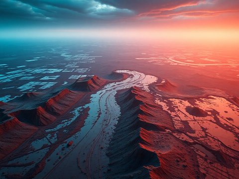 Aerial View of Rugged Landscape at Sunset