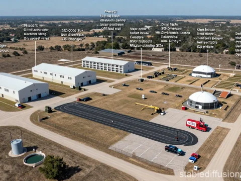 Aerial View of Tactical Training Facility with Labeled Structures