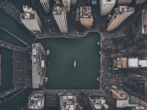 Aerial View of Urban Waterway with Boat in City Center