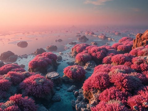 Aerial View of Vibrant Pink Coral Reefs at Sunset