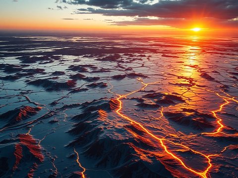 Aerial View of Volcanic Landscape at Sunset