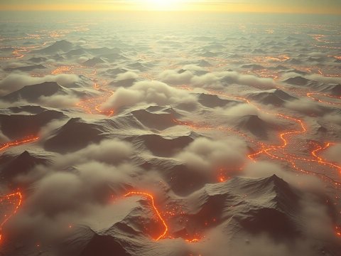 Aerial View of Volcanic Landscape with Flowing Lava