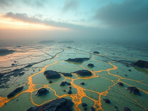 Aerial View of Volcanic Landscape with Flowing Lava