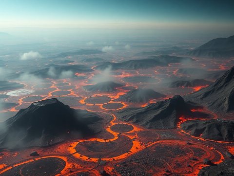 Aerial View of Volcanic Landscape with Flowing Lava