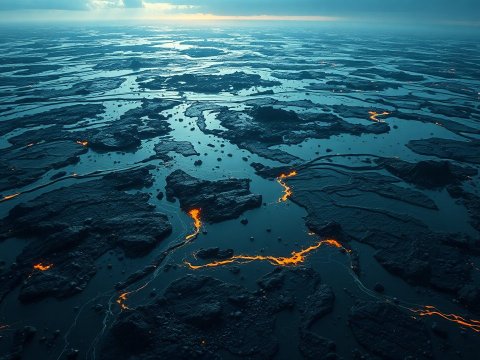 Aerial View of Volcanic Lava Flow at Dusk