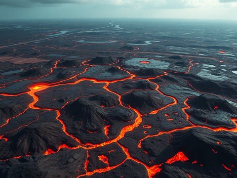 Aerial View of Volcanic Lava Flow Landscape