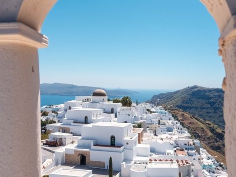 Aerial View of White Buildings in Ancient Thera Through Archway