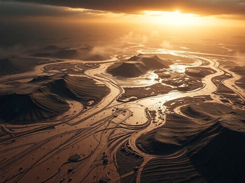 Aerial View of Winding River and Hills at Sunset
