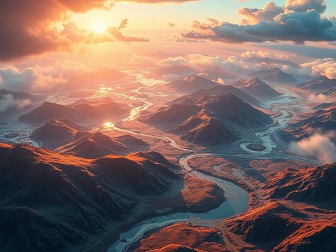 Aerial View of Winding River Through Mountainous Landscape at Sunset