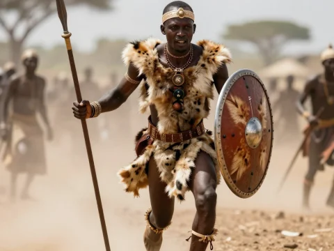 African Warrior Charging with Spear and Shield