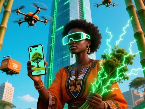 Afrofuturist Woman with Tech and Nature in Urban Setting