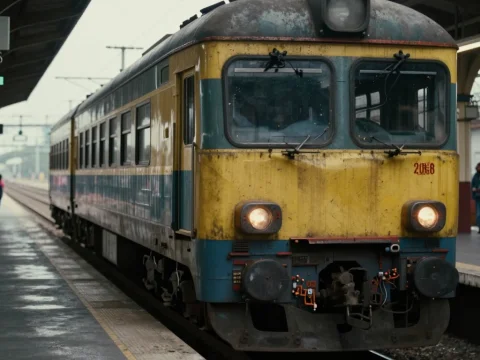 Aged Yellow and Blue Train at a Rainy Station Platform