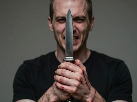 Aggressive Bald Man Holding Bloodied Knife